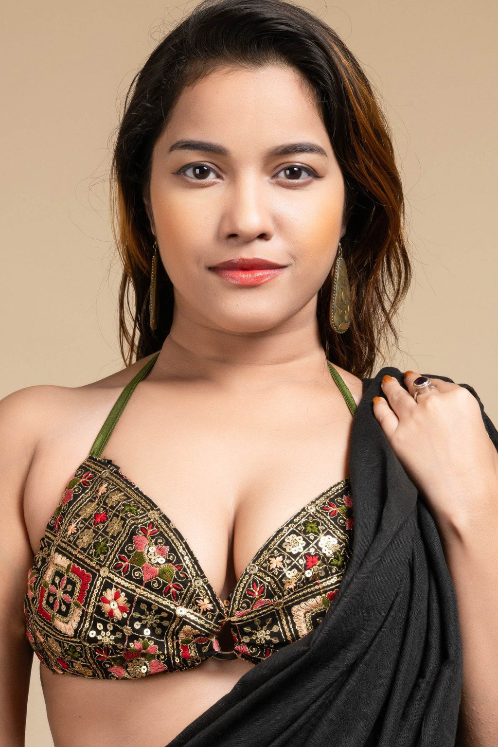 Embroidered Black Backless Halter Neck Non Padded Bikini Blouse For Women - Lookandadorn.com