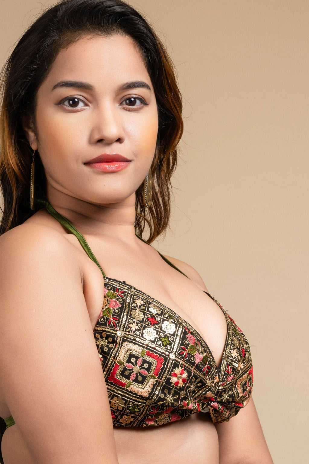 Embroidered Black Backless Halter Neck Non Padded Bikini Blouse For Women - Lookandadorn.com