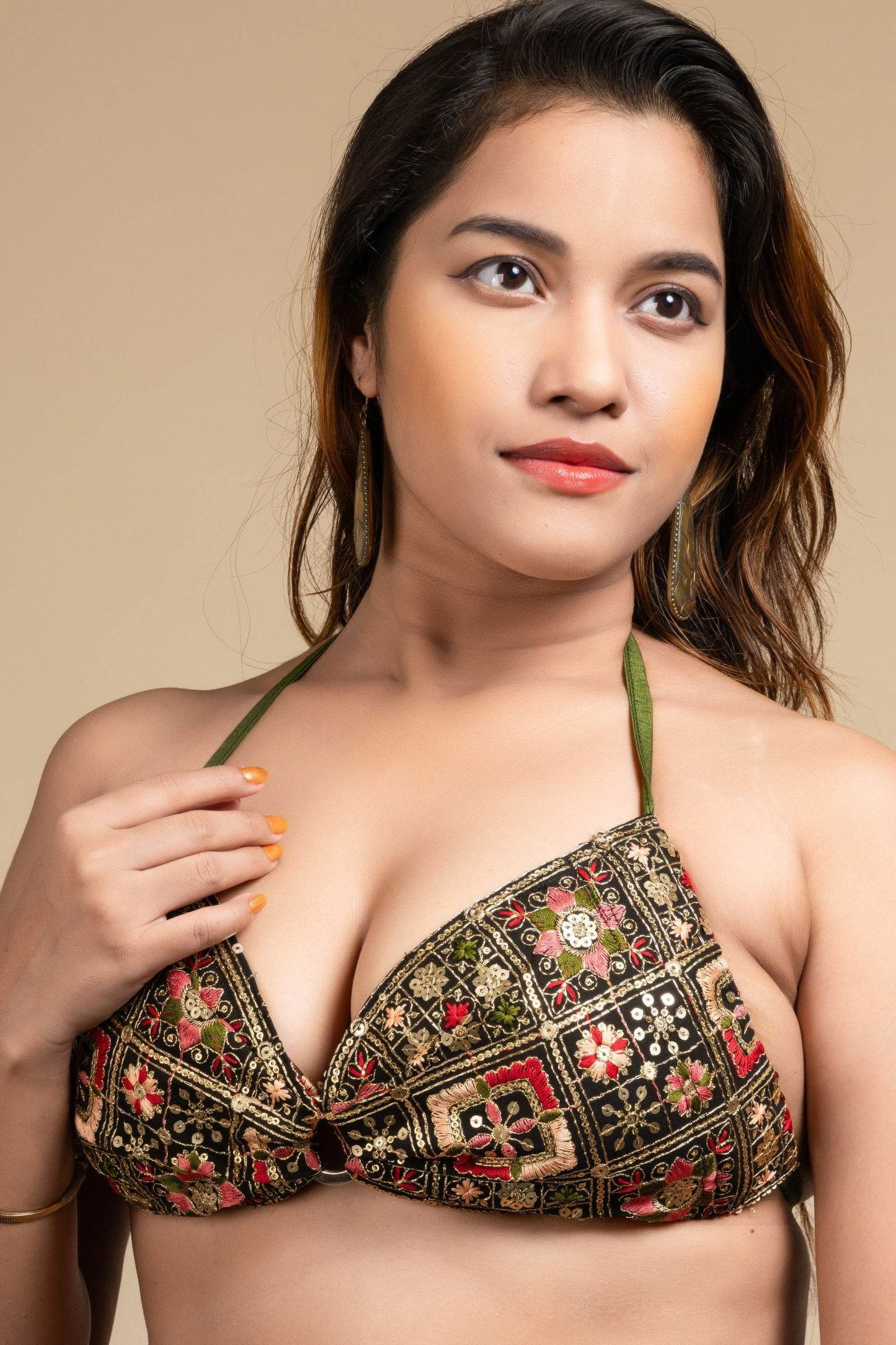 Embroidered Black Backless Halter Neck Non Padded Bikini Blouse For Women - Lookandadorn.com