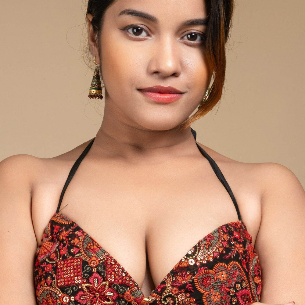 Embroidered Black Backless Halter Neck Non Padded Bikini Blouse For Women - Lookandadorn.com