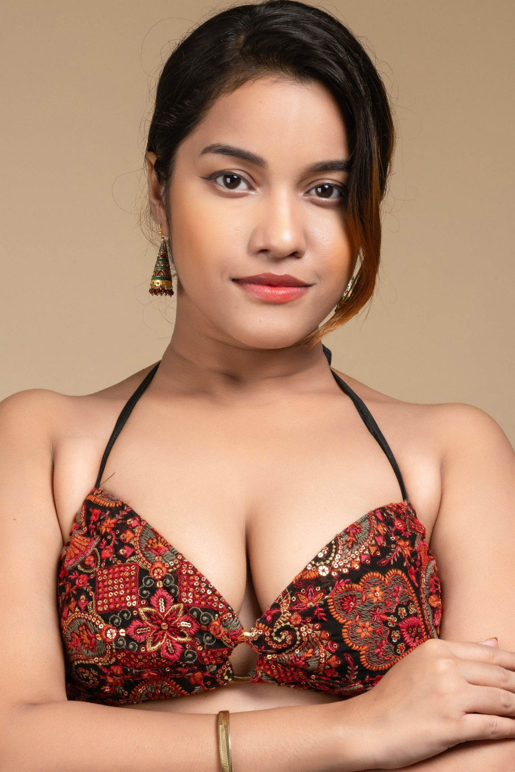 Embroidered Black Backless Halter Neck Non Padded Bikini Blouse For Women - Lookandadorn.com