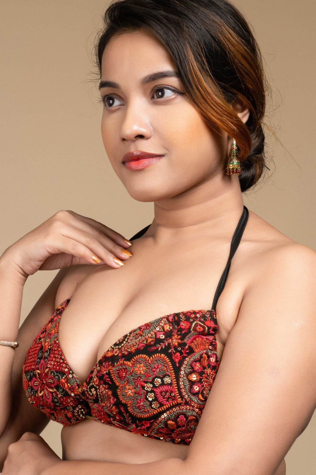 Embroidered Black Backless Halter Neck Non Padded Bikini Blouse For Women - Lookandadorn.com