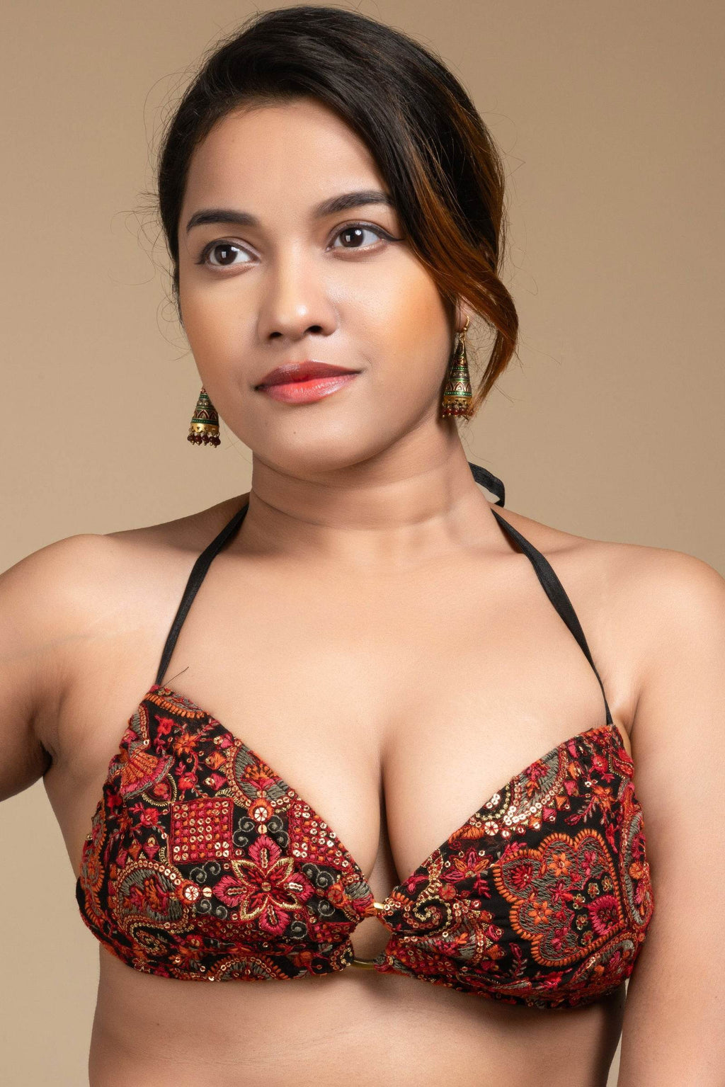 Embroidered Black Backless Halter Neck Non Padded Bikini Blouse For Women - Lookandadorn.com