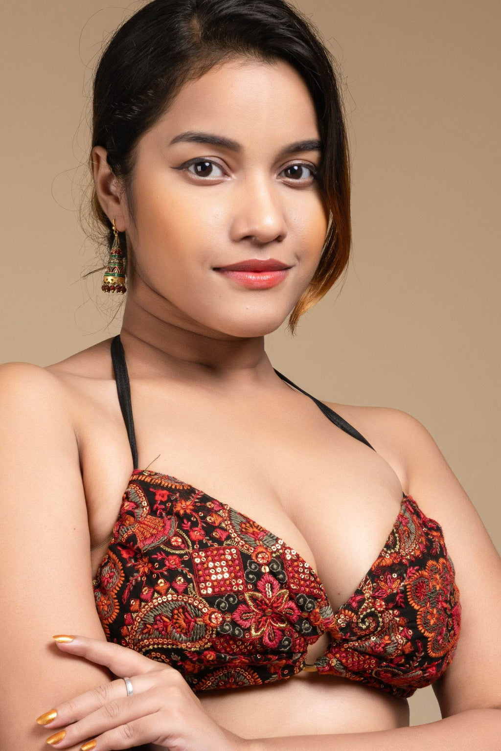 Embroidered Black Backless Halter Neck Non Padded Bikini Blouse For Women - Lookandadorn.com