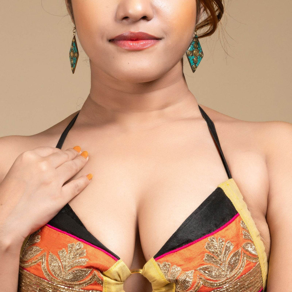 Exclusive Hand Embroidered Black Orange Backless Halter Neck Bikini Blouse for Women - Lookandadorn.com
