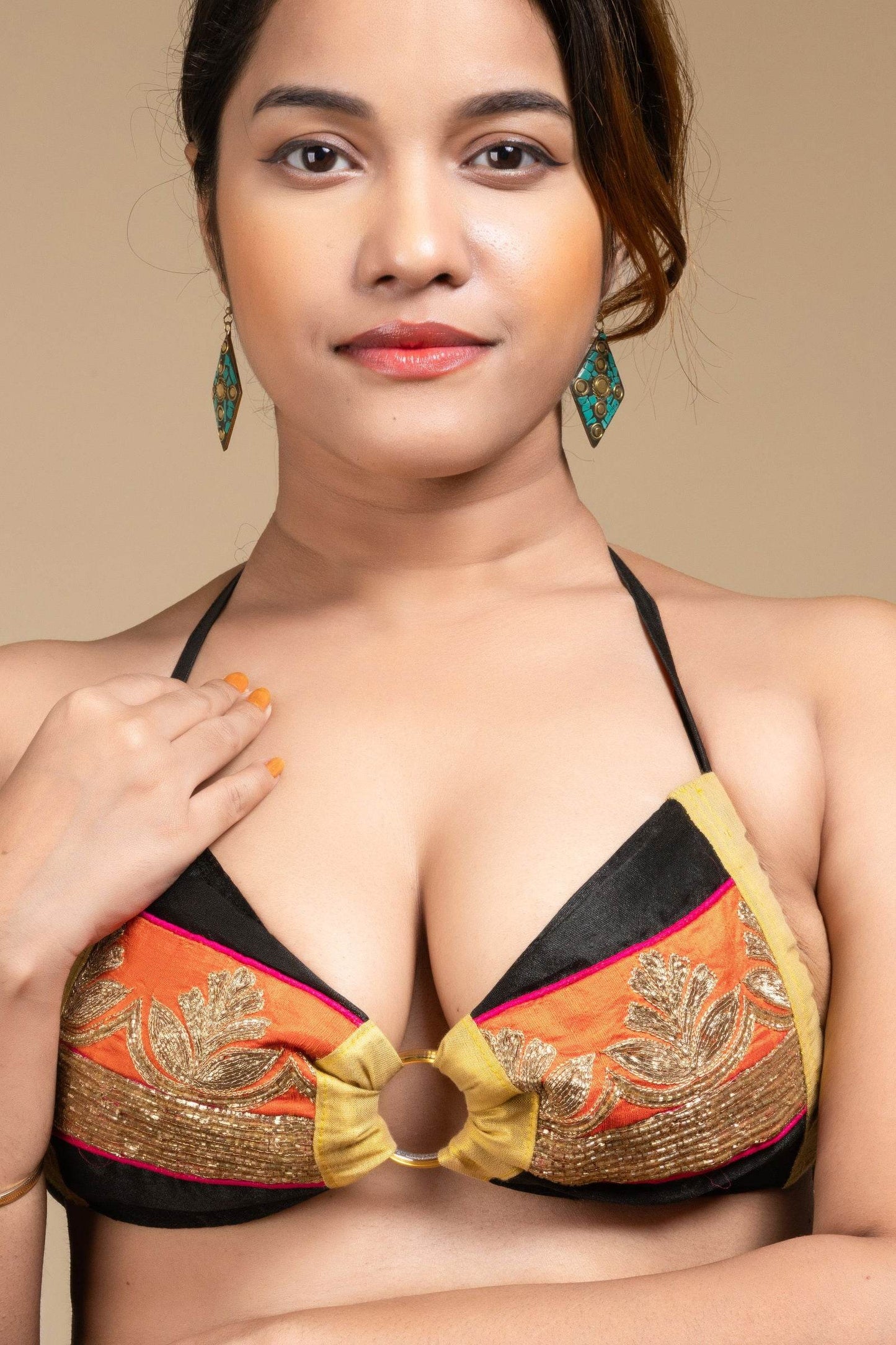 Exclusive Hand Embroidered Black Orange Backless Halter Neck Bikini Blouse for Women - Lookandadorn.com