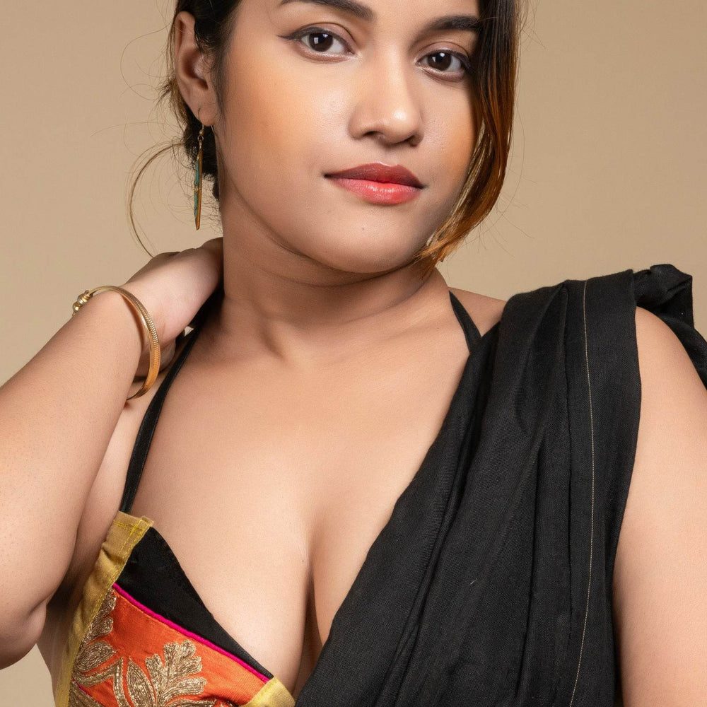 Exclusive Hand Embroidered Black Orange Backless Halter Neck Bikini Blouse for Women - Lookandadorn.com
