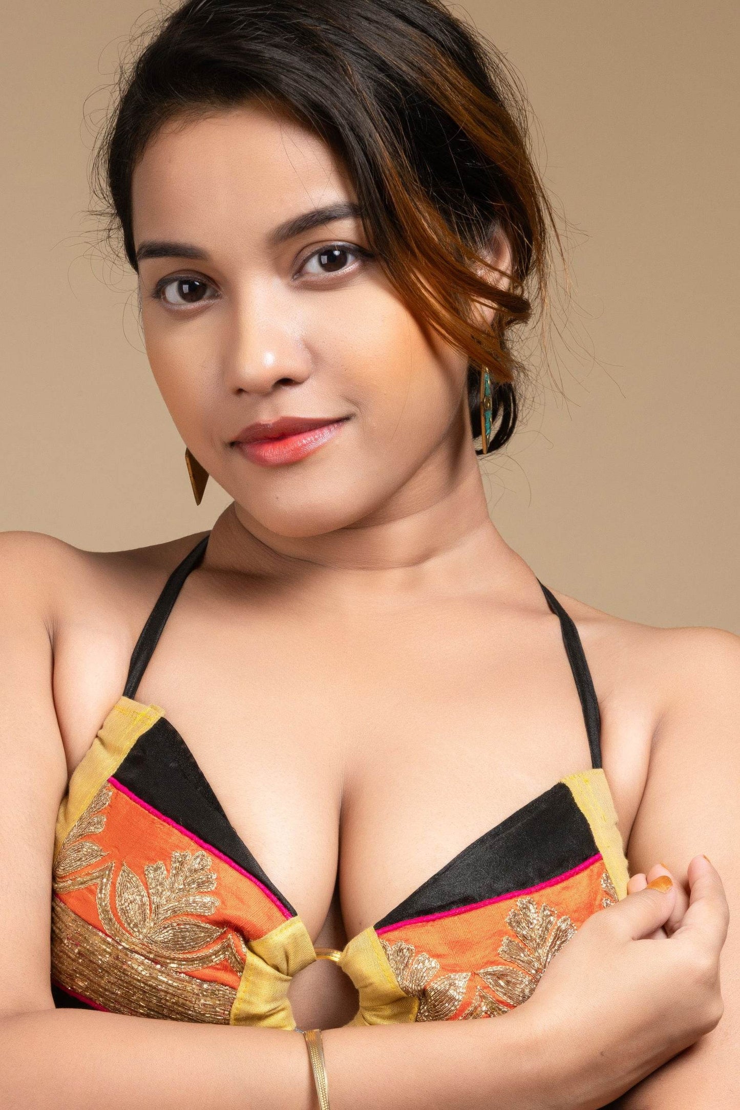 Exclusive Hand Embroidered Black Orange Backless Halter Neck Bikini Blouse for Women - Lookandadorn.com