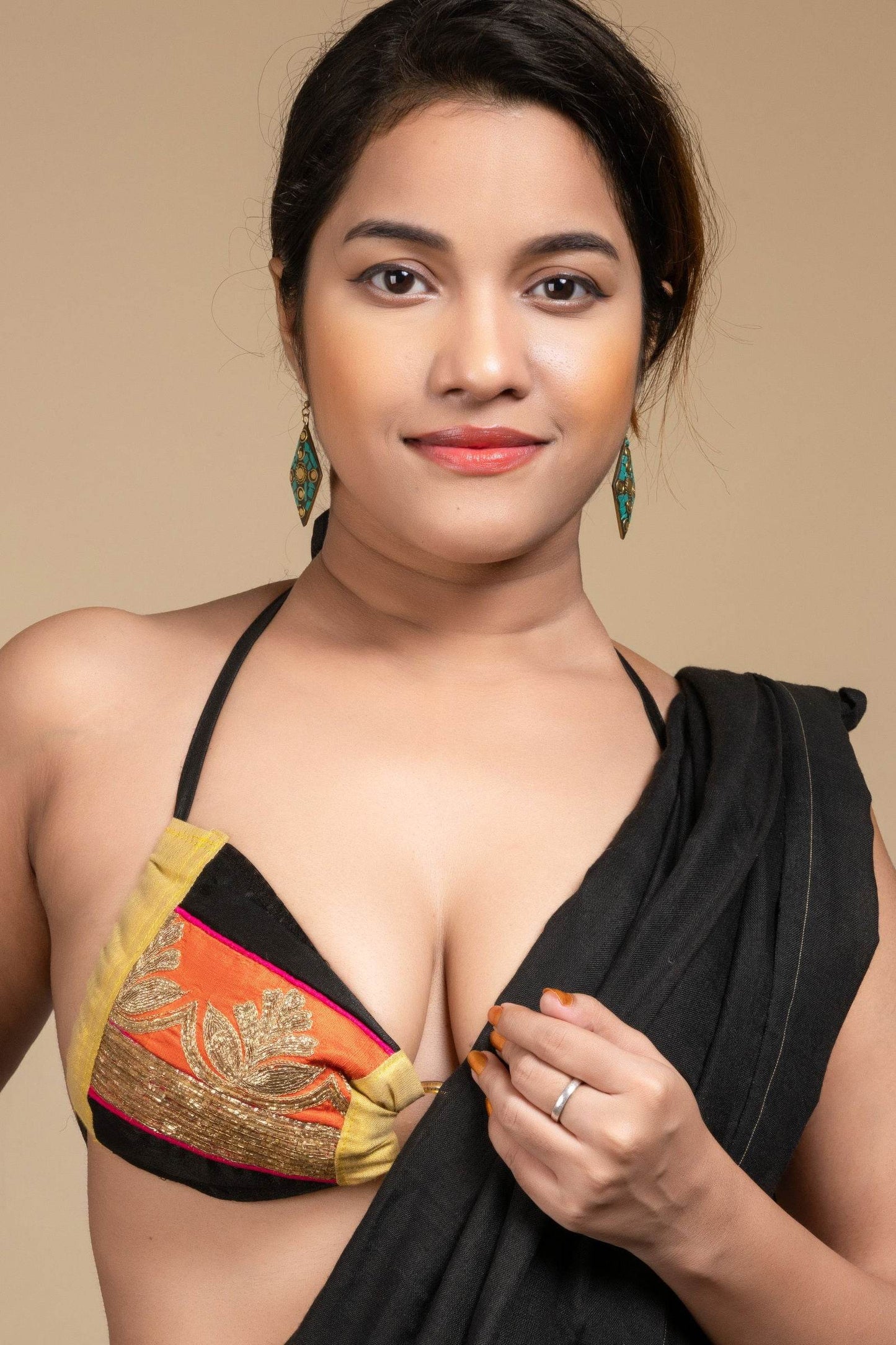 Exclusive Hand Embroidered Black Orange Backless Halter Neck Bikini Blouse for Women - Lookandadorn.com
