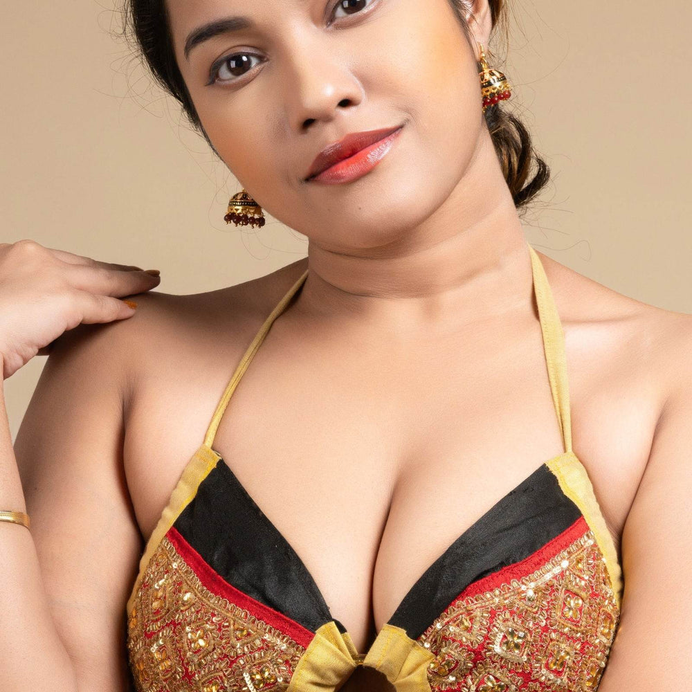 Exclusive Hand Embroidered Black Red Backless Halter Neck Bikini Blouse for Women - Lookandadorn.com