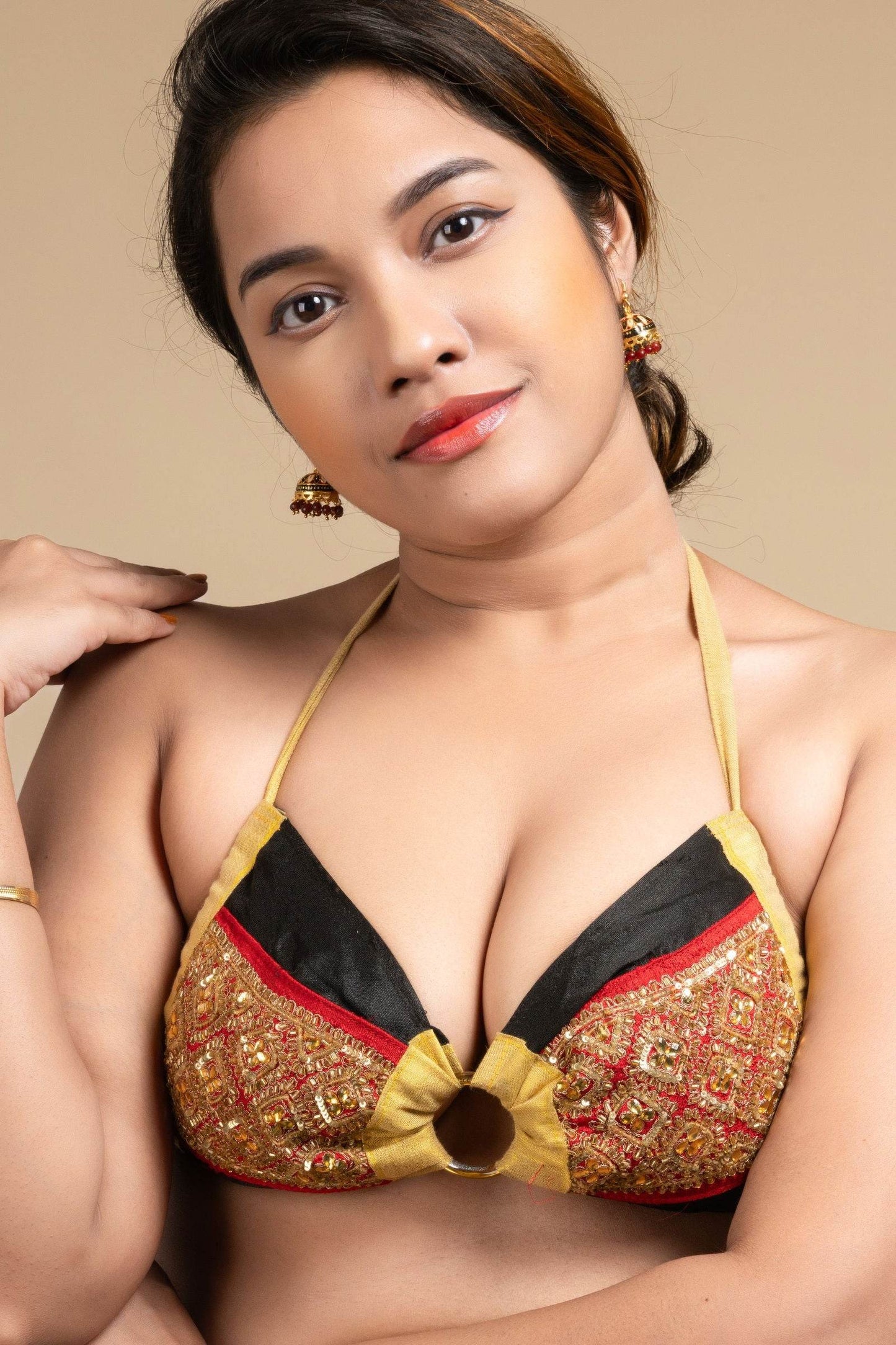 Exclusive Hand Embroidered Black Red Backless Halter Neck Bikini Blouse for Women - Lookandadorn.com