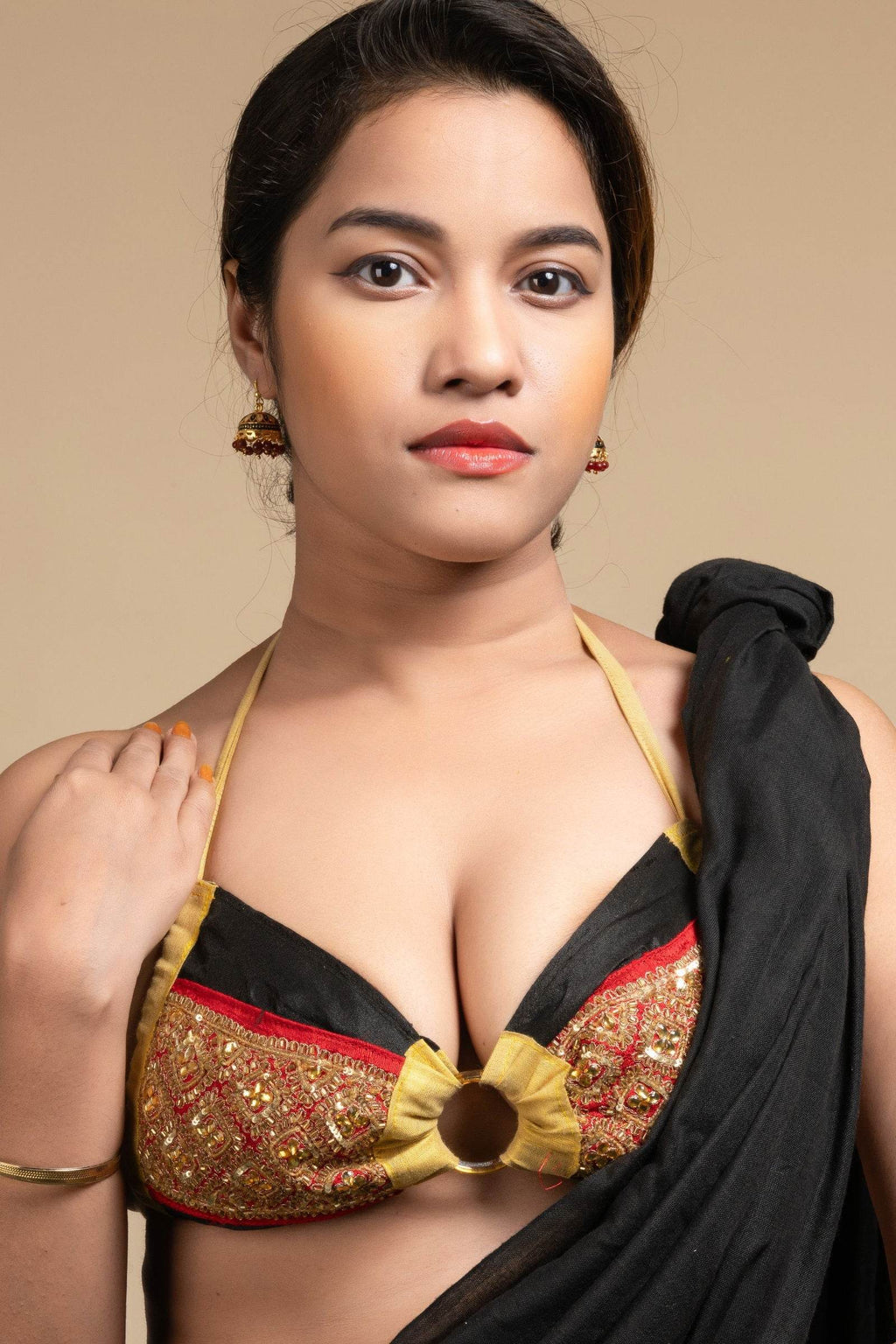 Exclusive Hand Embroidered Black Red Backless Halter Neck Bikini Blouse for Women - Lookandadorn.com