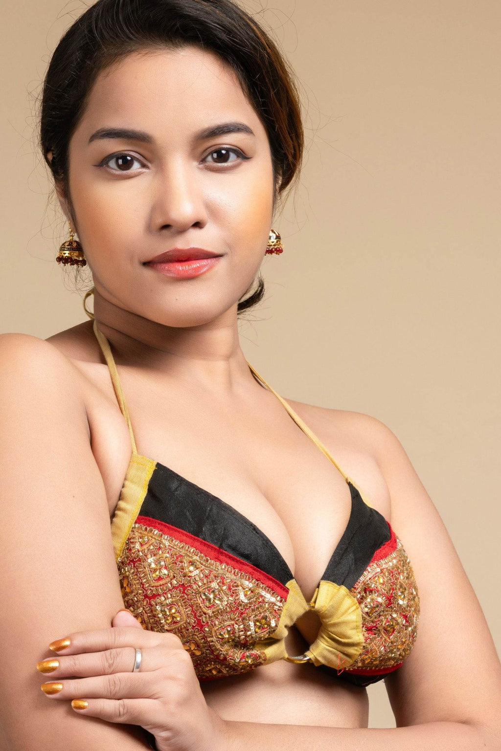 Exclusive Hand Embroidered Black Red Backless Halter Neck Bikini Blouse for Women - Lookandadorn.com