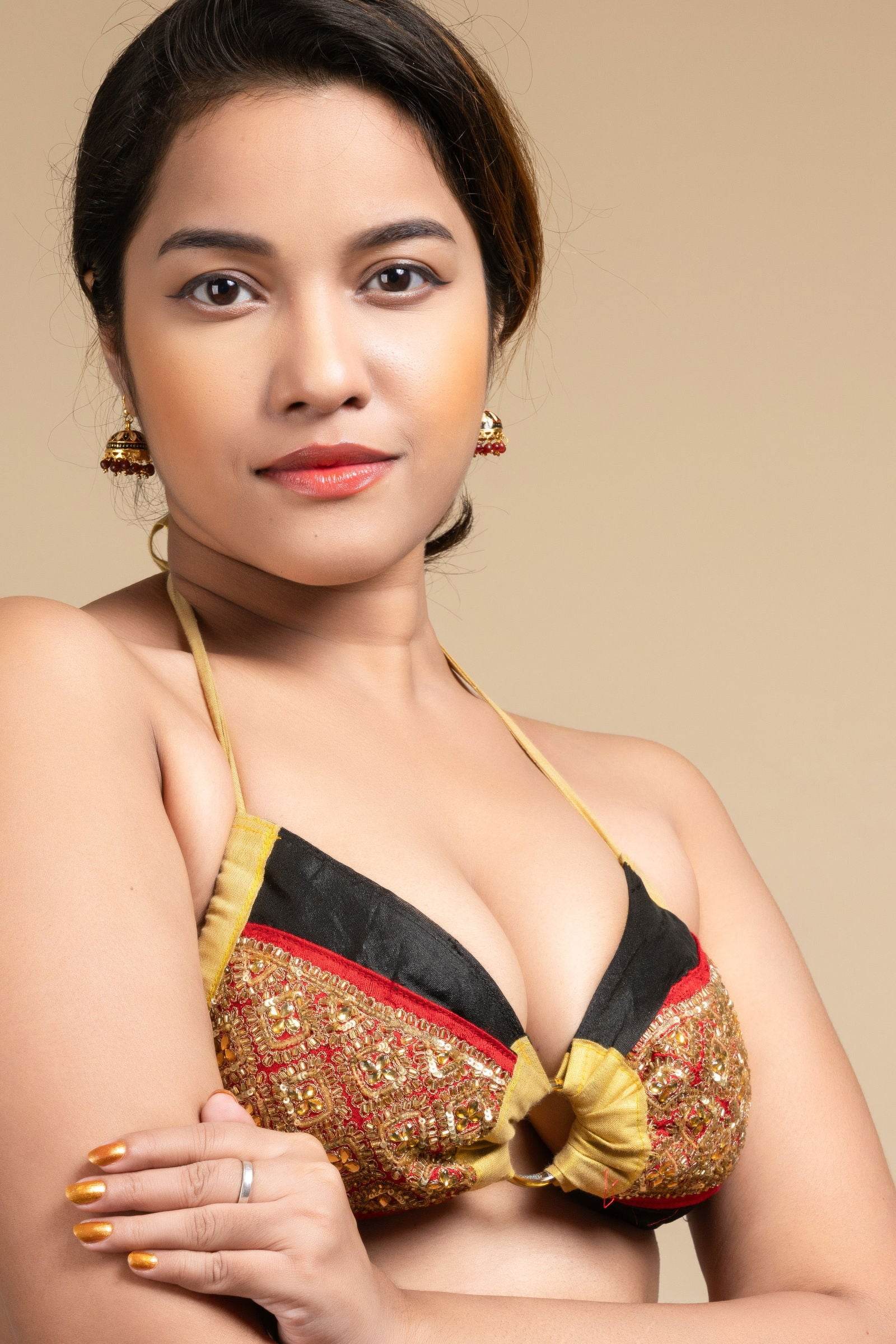 Exclusive Hand Embroidered Black Red Backless Halter Neck Bikini Blouse for Women - Lookandadorn.com