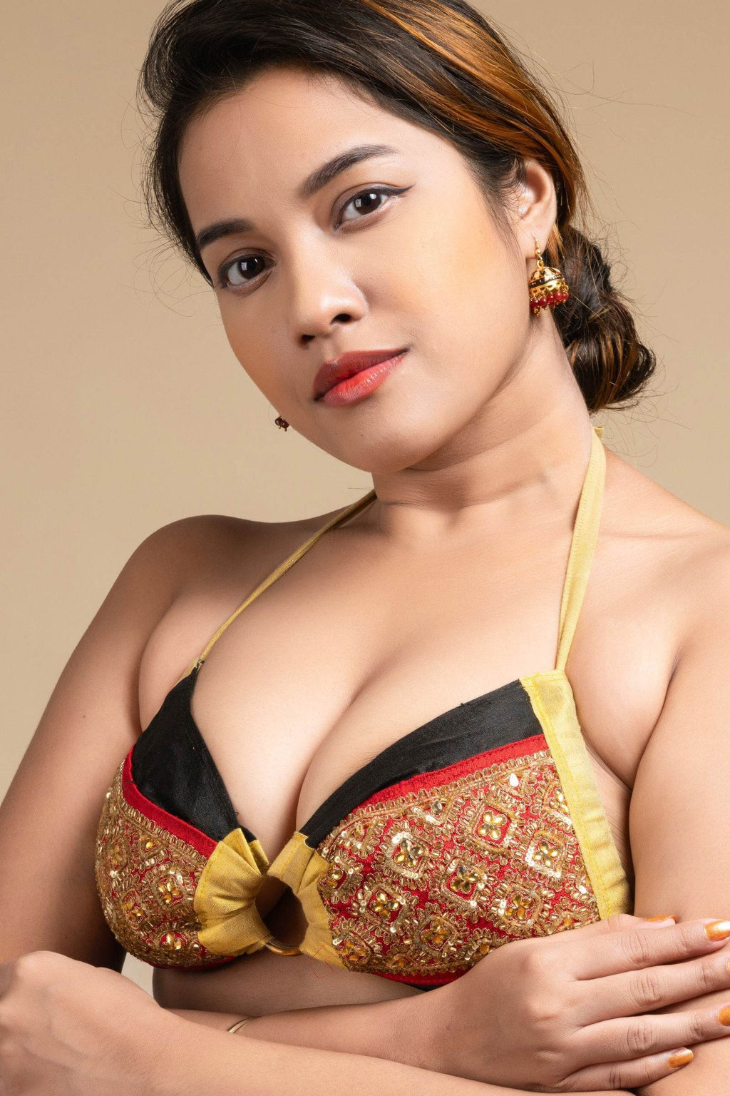 Exclusive Hand Embroidered Black Red Backless Halter Neck Bikini Blouse for Women - Lookandadorn.com