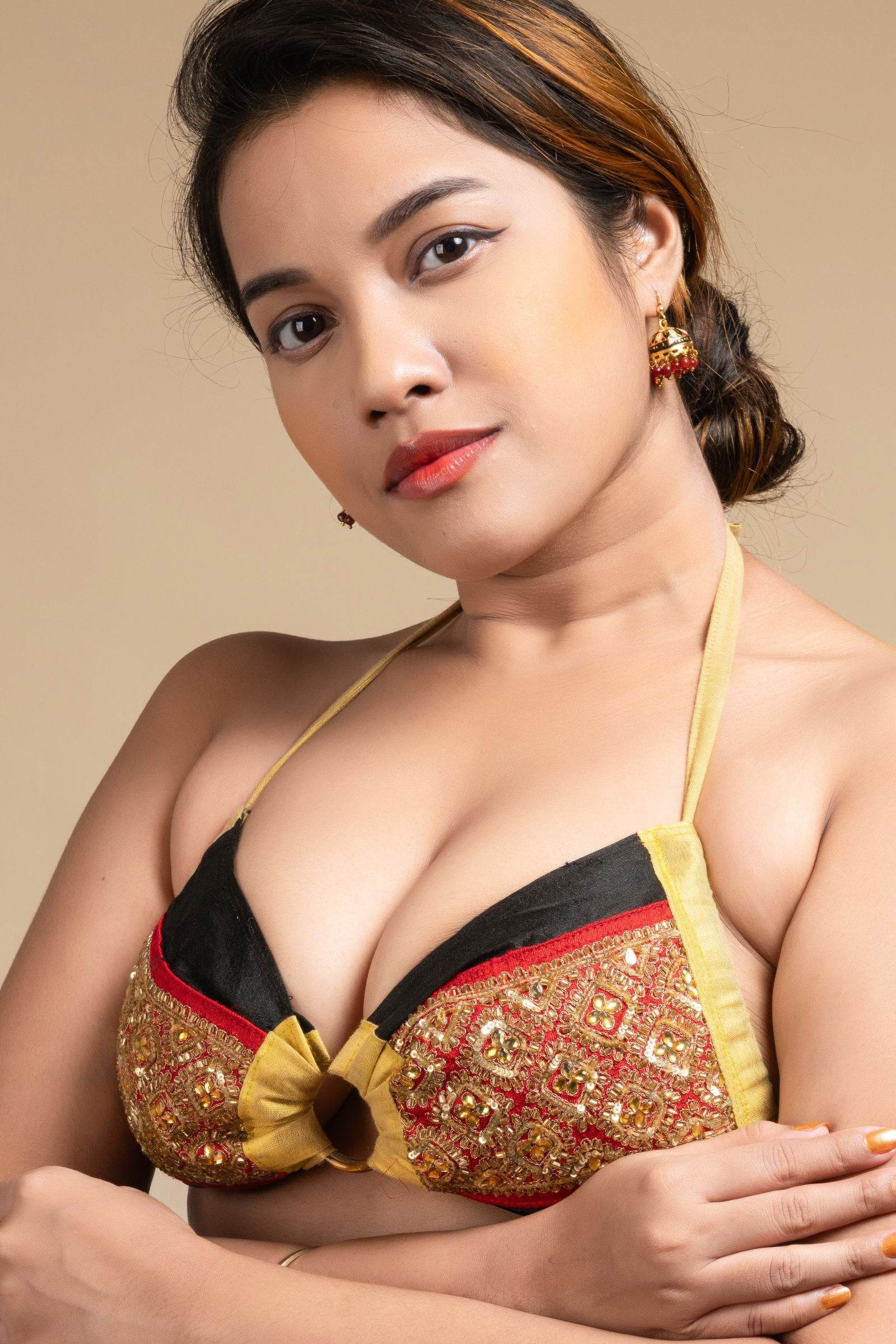 Exclusive Hand Embroidered Black Red Backless Halter Neck Bikini Blouse for Women - Lookandadorn.com