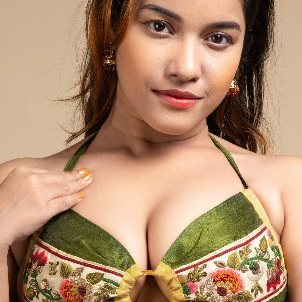 Exclusive Hand Embroidered Designer Green Backless Halter Neck Bikini Top Blouse for Women - Lookandadorn.com