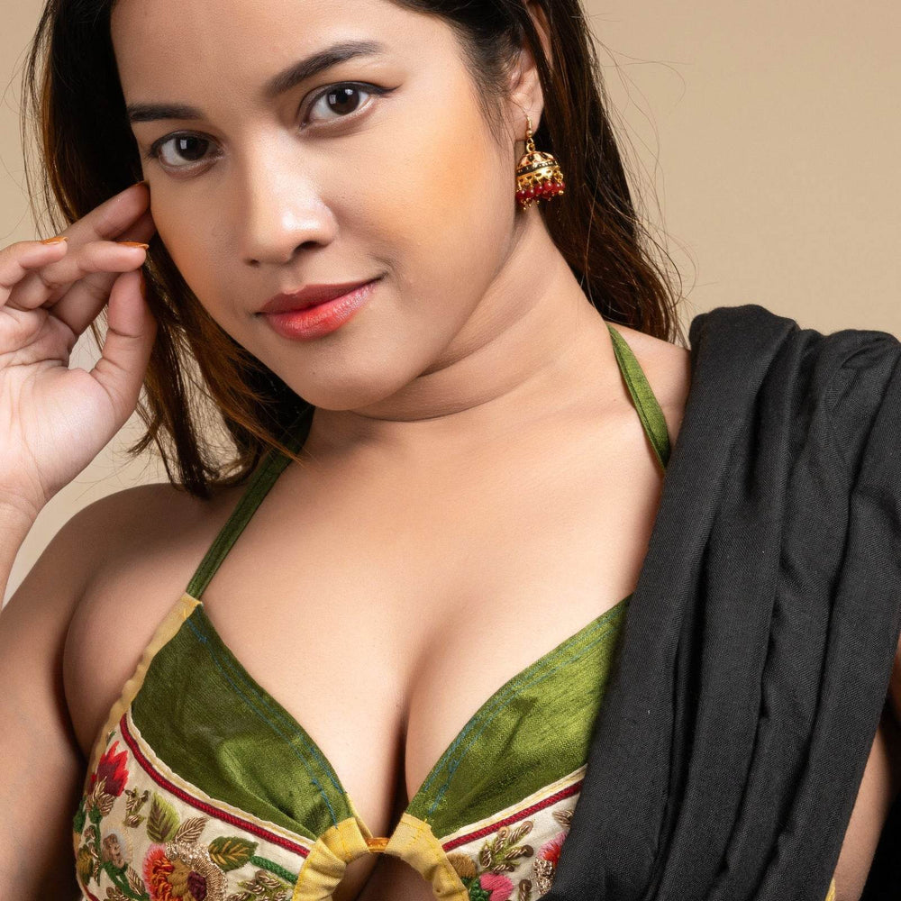 Exclusive Hand Embroidered Designer Green Backless Halter Neck Bikini Top Blouse for Women - Lookandadorn.com