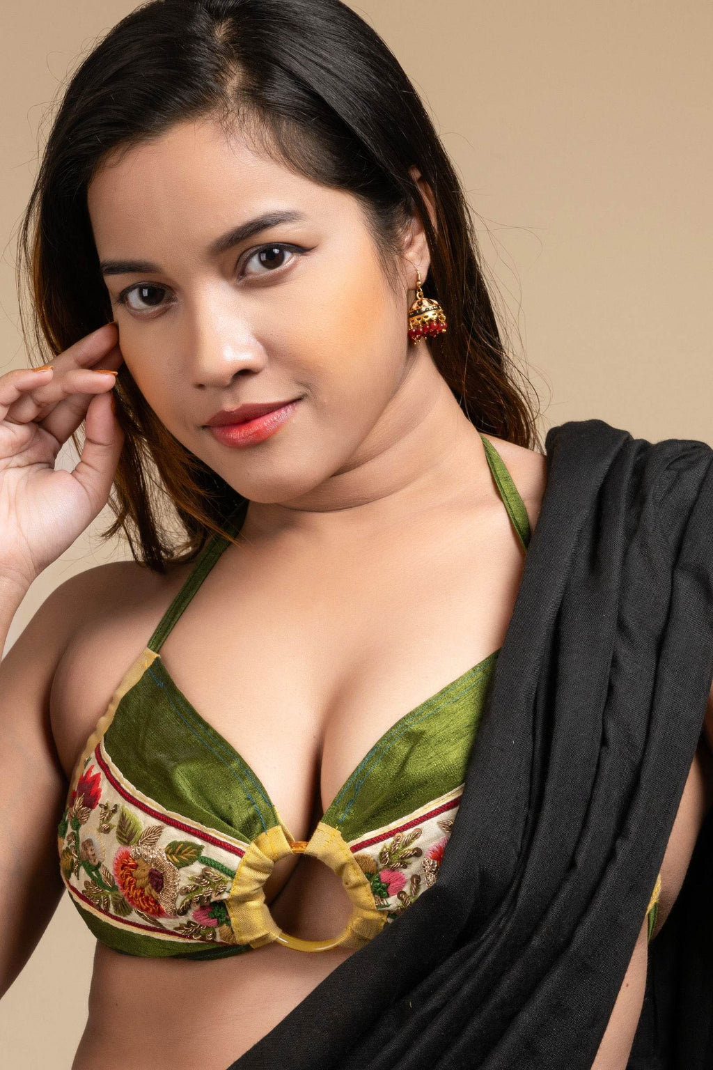 Exclusive Hand Embroidered Designer Green Backless Halter Neck Bikini Top Blouse for Women - Lookandadorn.com