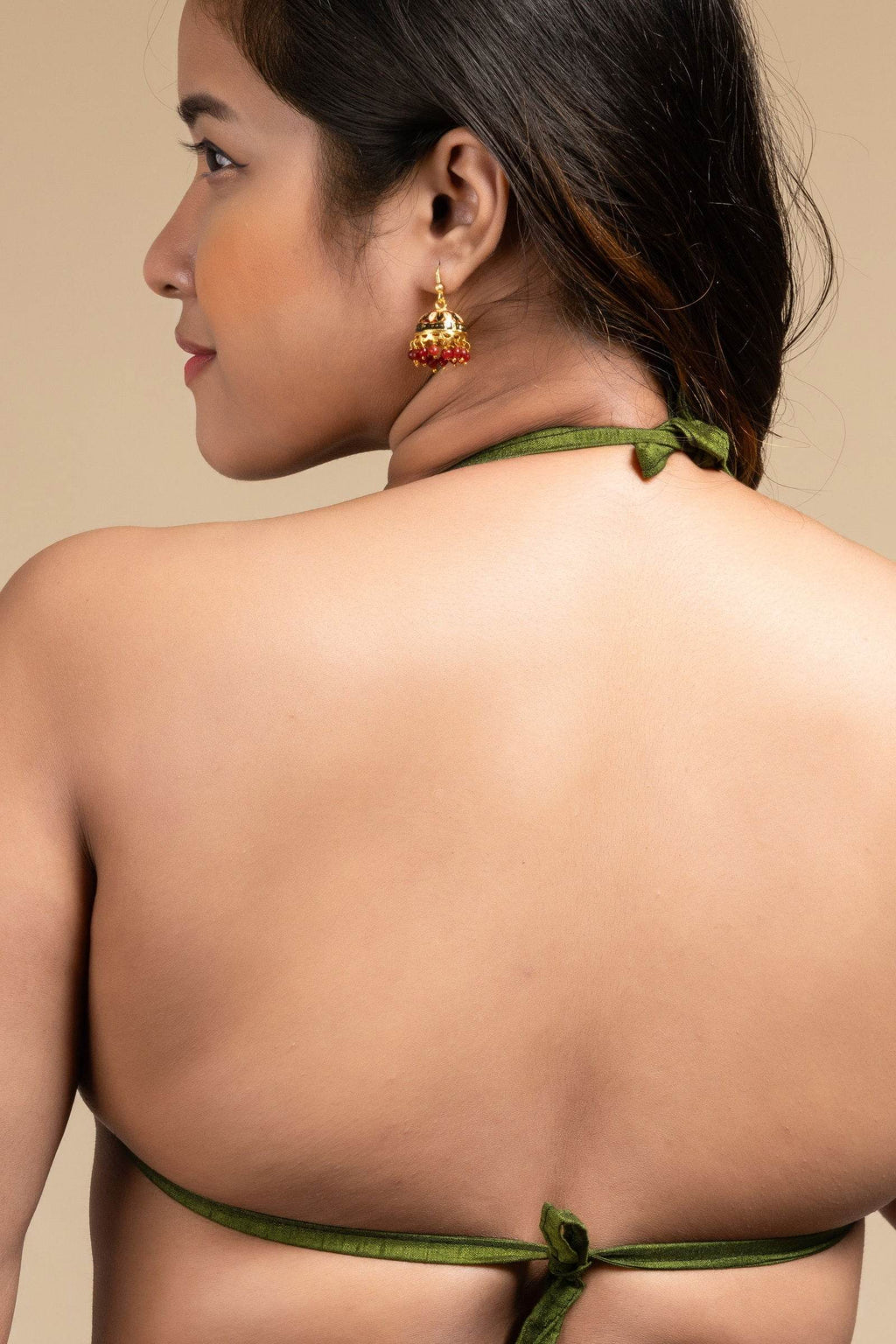 Exclusive Hand Embroidered Designer Green Backless Halter Neck Bikini Top Blouse for Women - Lookandadorn.com