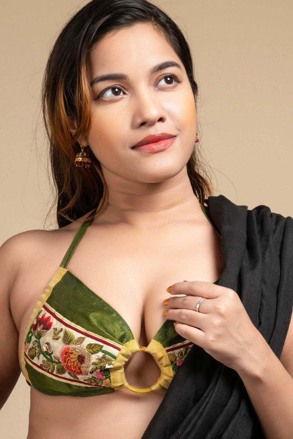 Exclusive Hand Embroidered Designer Green Backless Halter Neck Bikini Top Blouse for Women - Lookandadorn.com