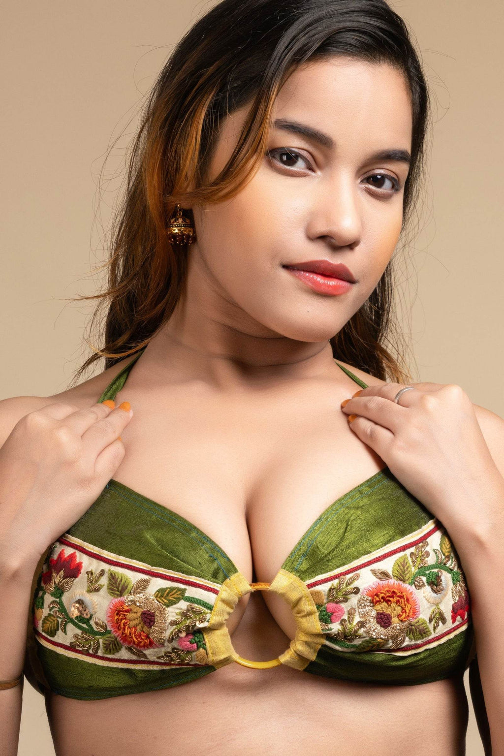 Exclusive Hand Embroidered Designer Green Backless Halter Neck Bikini Top Blouse for Women - Lookandadorn.com