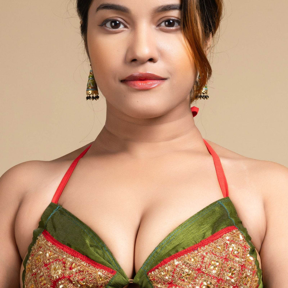 Exclusive Hand Embroidered Green Backless Halter Neck Bikini Blouse for Women - Lookandadorn.com