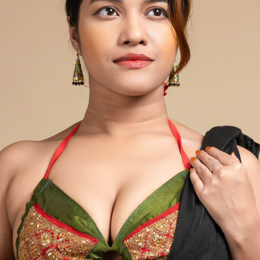 Exclusive Hand Embroidered Green Backless Halter Neck Bikini Blouse for Women - Lookandadorn.com