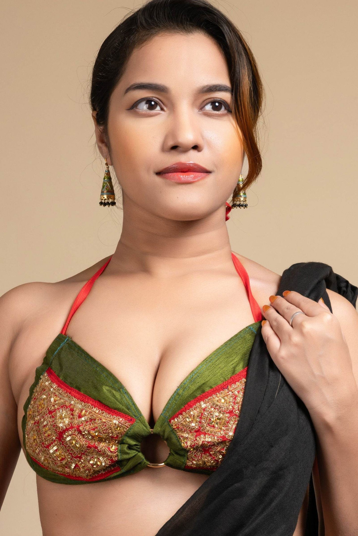 Exclusive Hand Embroidered Green Backless Halter Neck Bikini Blouse for Women - Lookandadorn.com