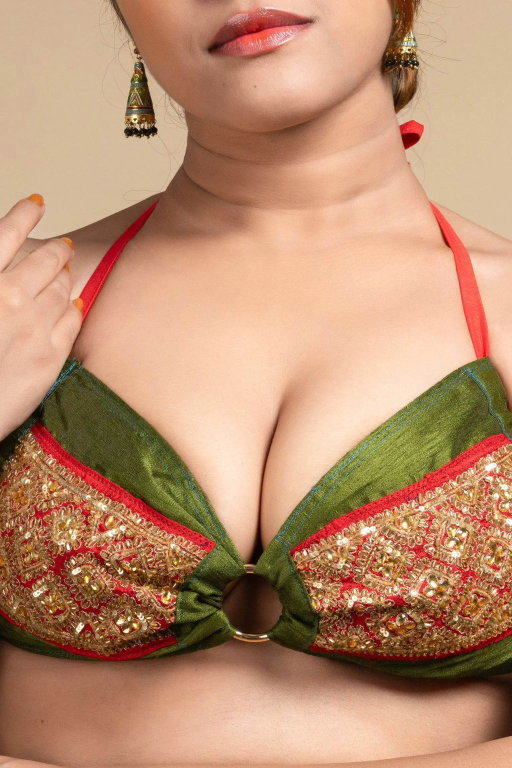 Exclusive Hand Embroidered Green Backless Halter Neck Bikini Blouse for Women - Lookandadorn.com