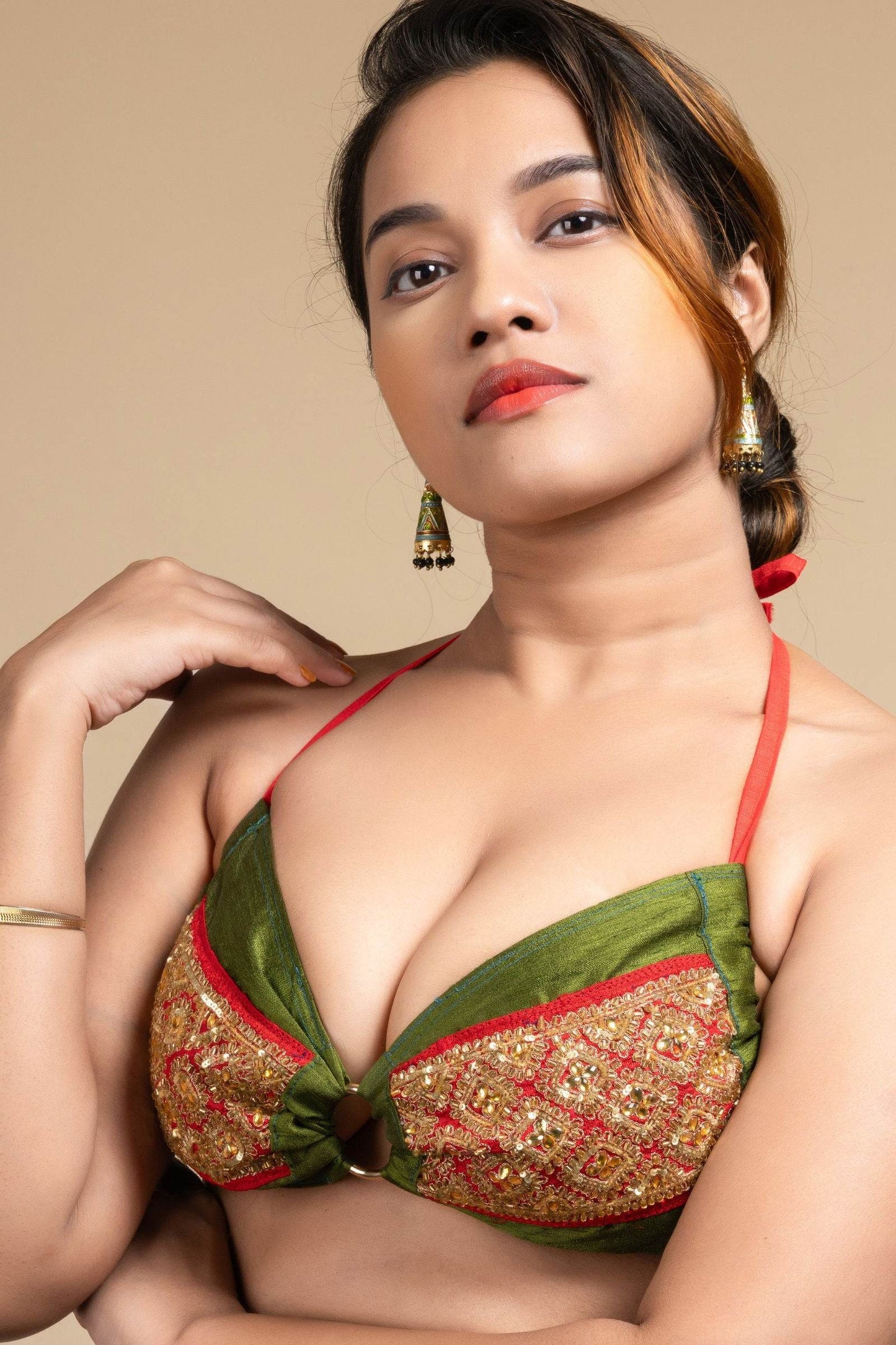 Exclusive Hand Embroidered Green Backless Halter Neck Bikini Blouse for Women - Lookandadorn.com