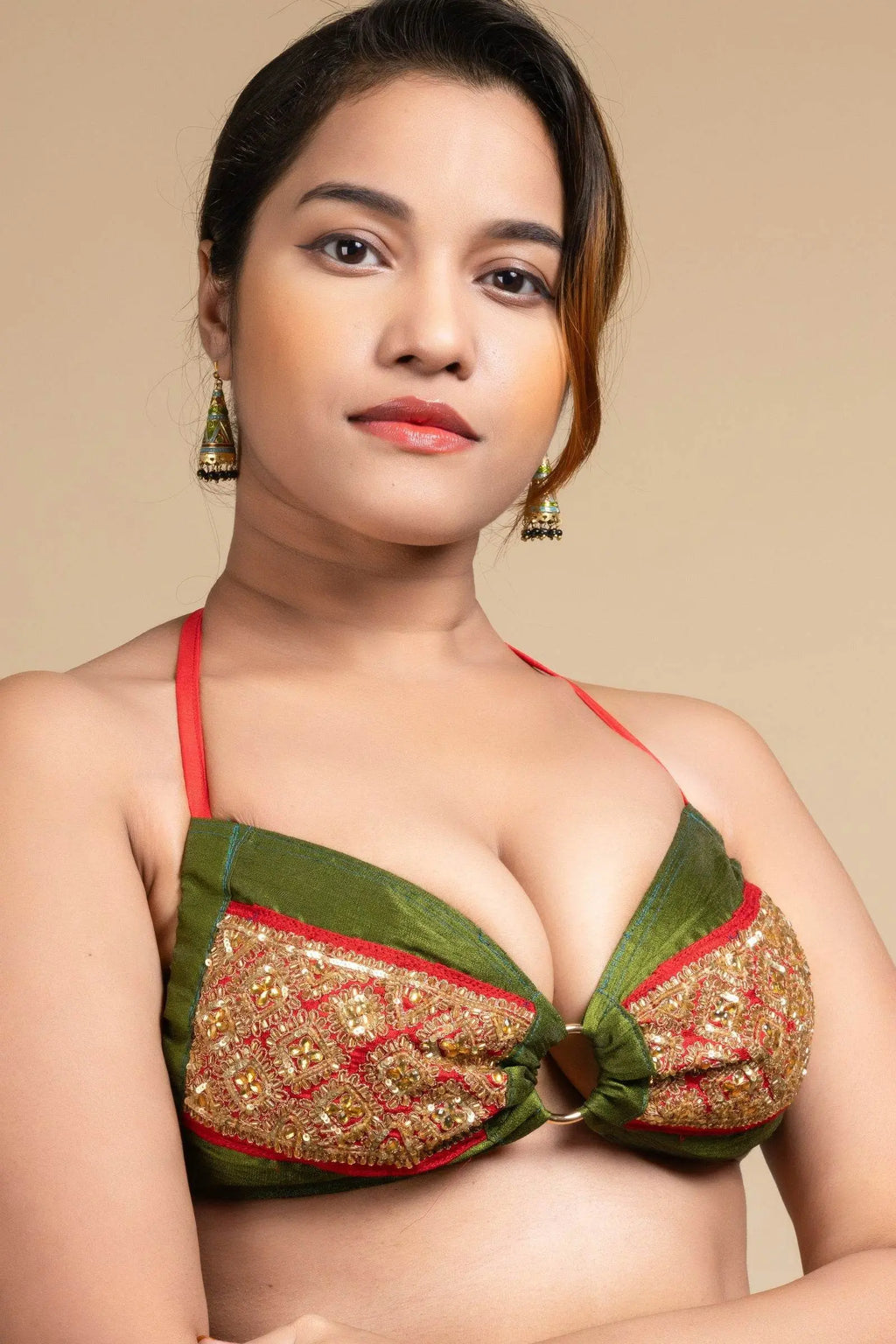 Exclusive Hand Embroidered Green Backless Halter Neck Bikini Blouse for Women - Lookandadorn.com