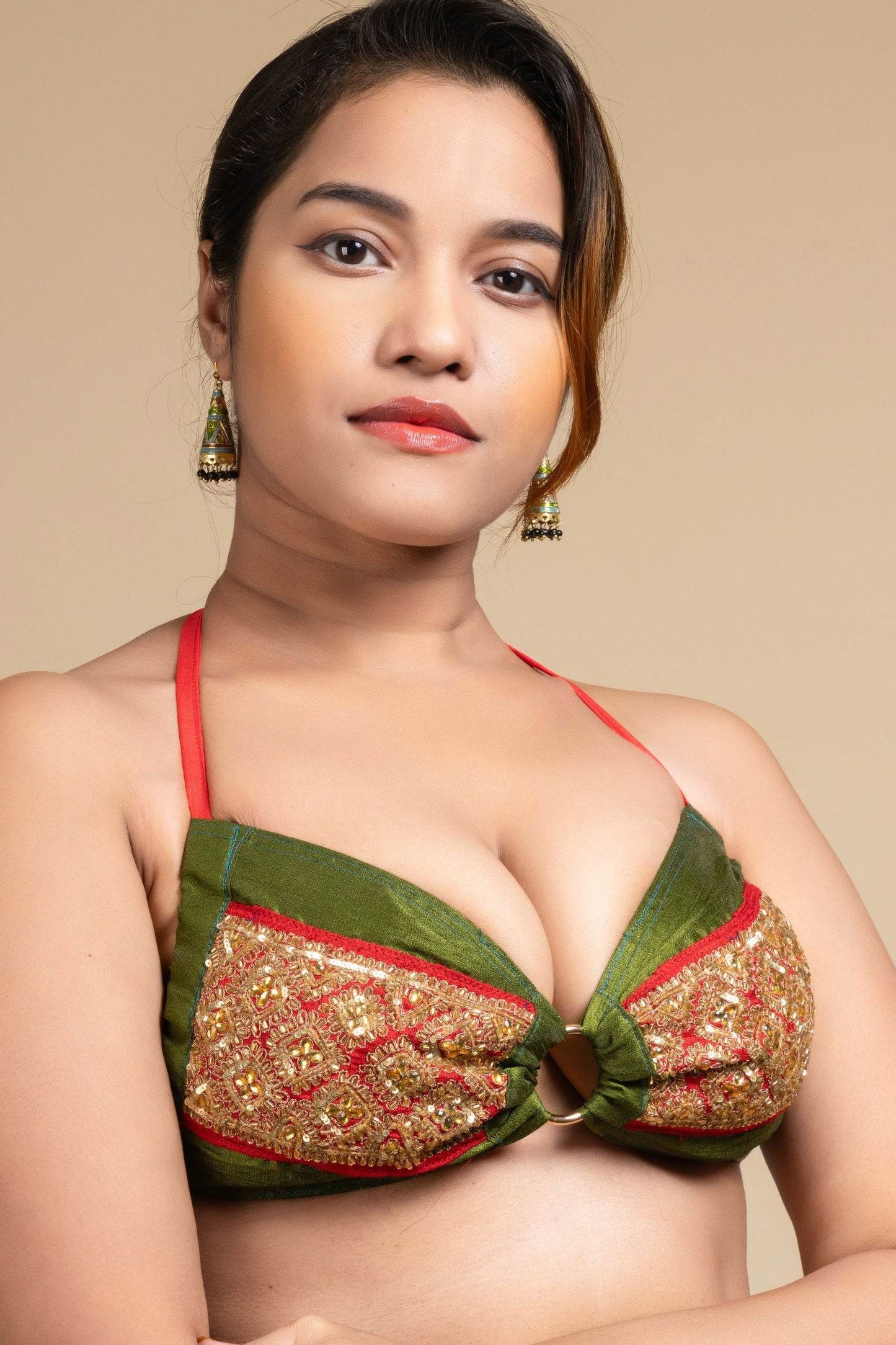 Exclusive Hand Embroidered Green Backless Halter Neck Bikini Blouse for Women - Lookandadorn.com