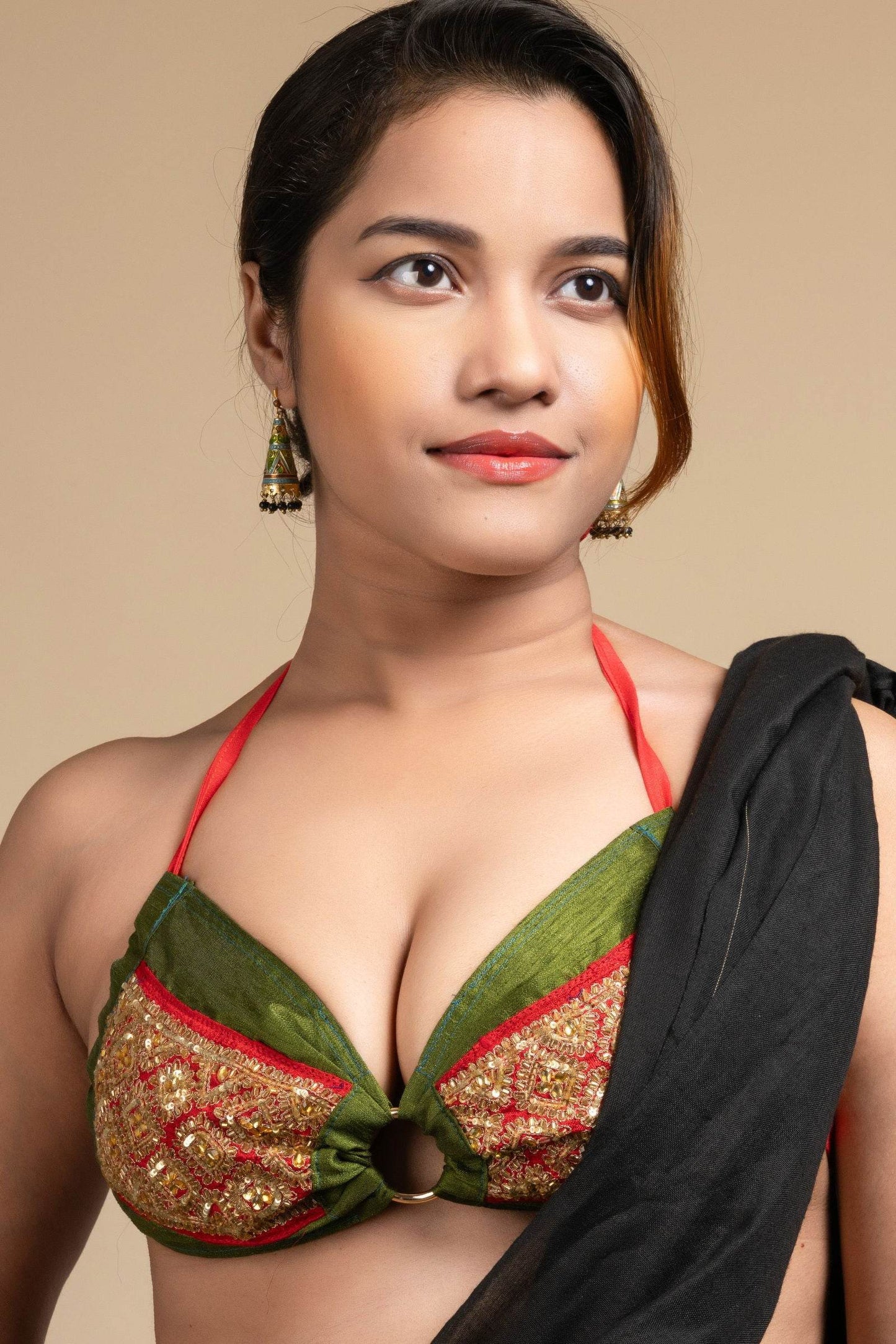 Exclusive Hand Embroidered Green Backless Halter Neck Bikini Blouse for Women - Lookandadorn.com