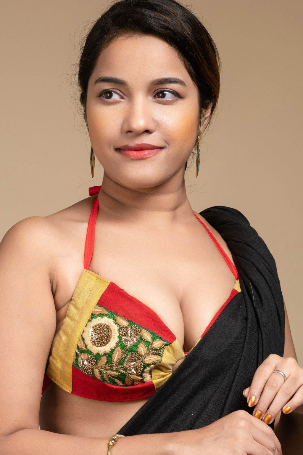 Exclusive Hand Embroidered Red Backless Halter Neck Bikini Blouse for Women - Lookandadorn.com