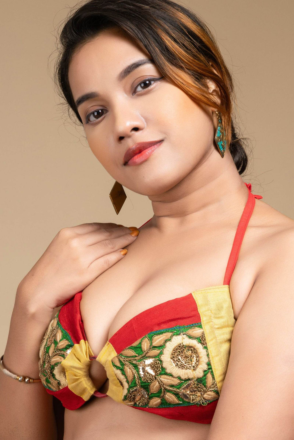 Exclusive Hand Embroidered Red Backless Halter Neck Bikini Blouse for Women - Lookandadorn.com