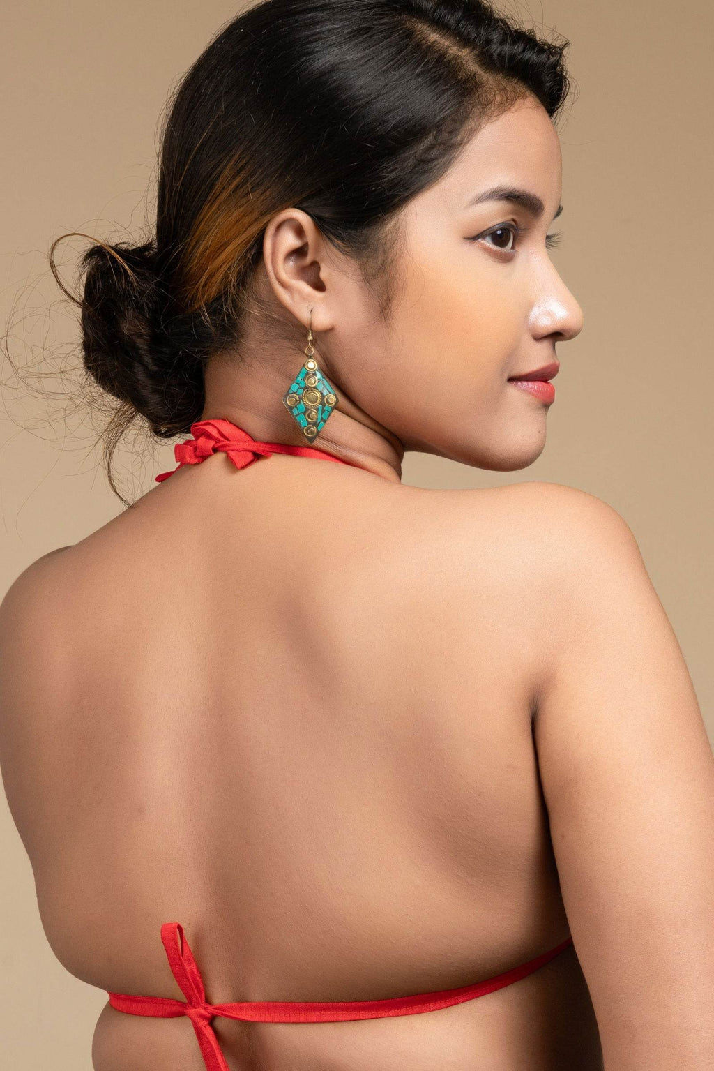 Exclusive Hand Embroidered Red Backless Halter Neck Bikini Blouse for Women - Lookandadorn.com