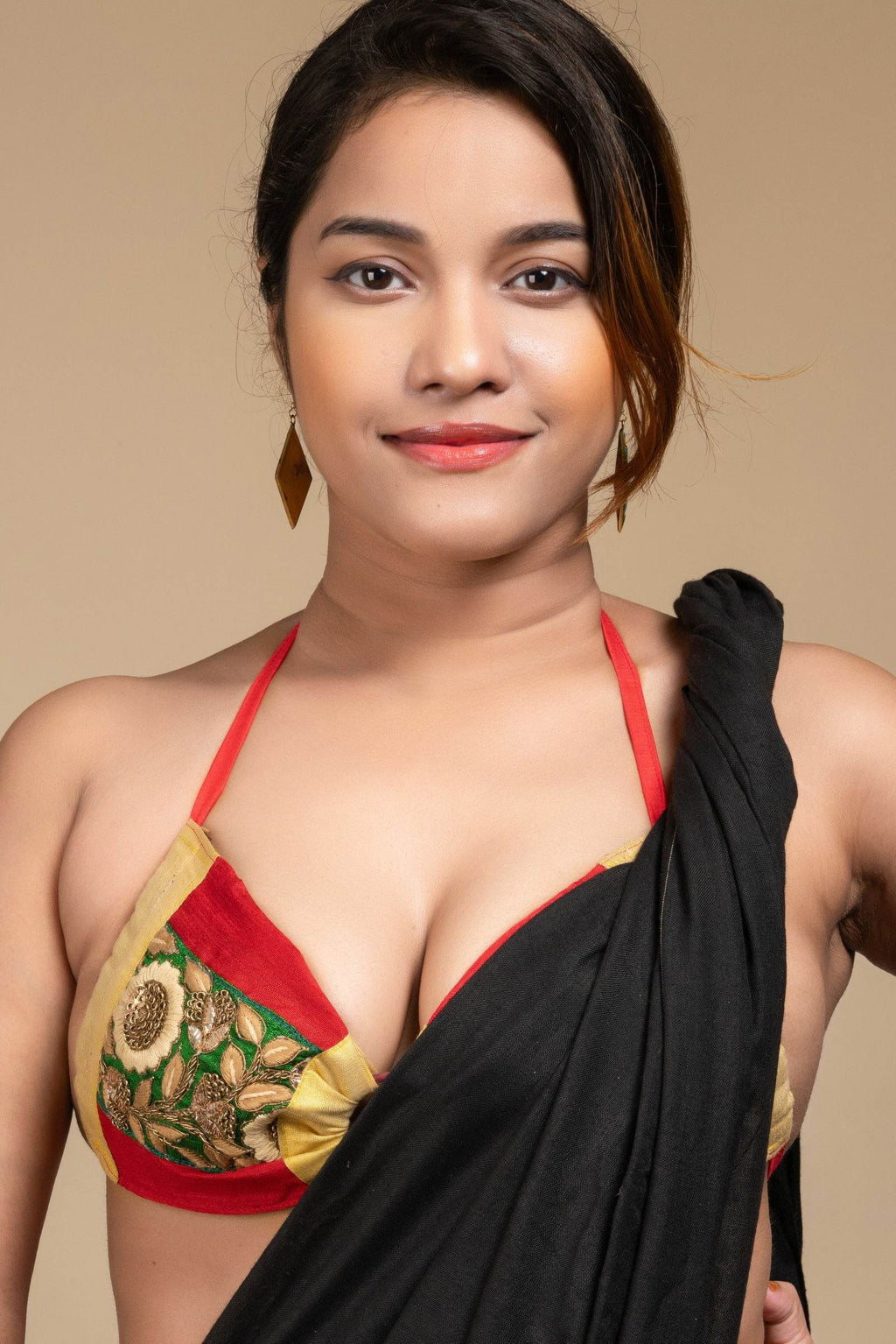 Exclusive Hand Embroidered Red Backless Halter Neck Bikini Blouse for Women - Lookandadorn.com