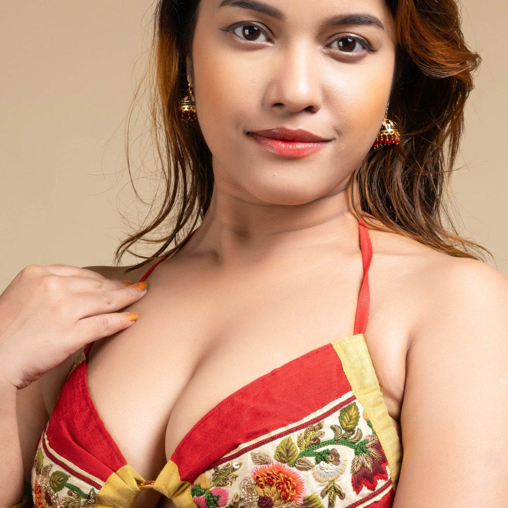 Hand Embroidered Red Women's Backless Halter Neck Bikini Top Blouse – Unique Design - Lookandadorn.com