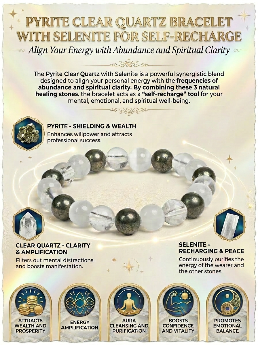 Pyrite Clear Quartz Raj Yog Bracelet with Selenite for Self-Recharge LOOK AND ADORN - designed for you