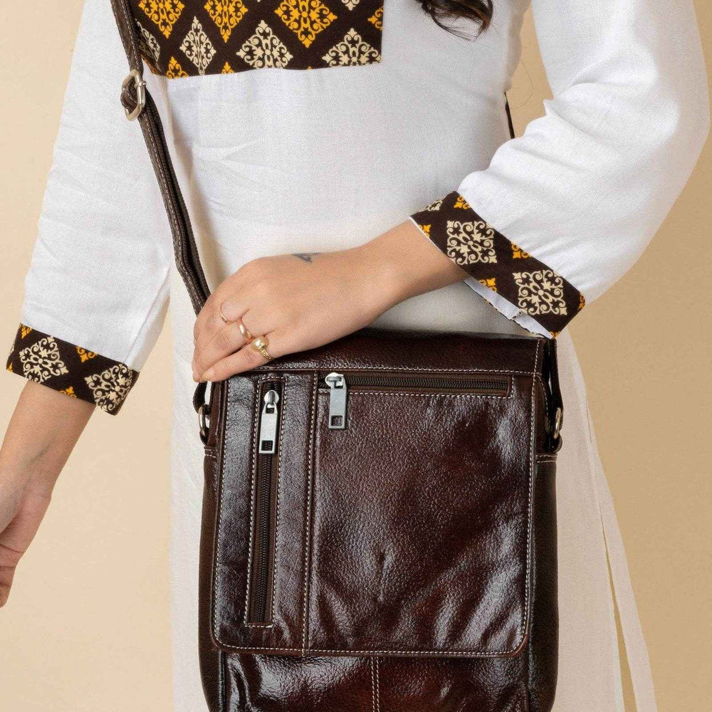 Genuine Leather Brown Crossbody Sling Messenger Bag With 4 Compartments - Ideal For Daily Essentials - Lookandadorn.com