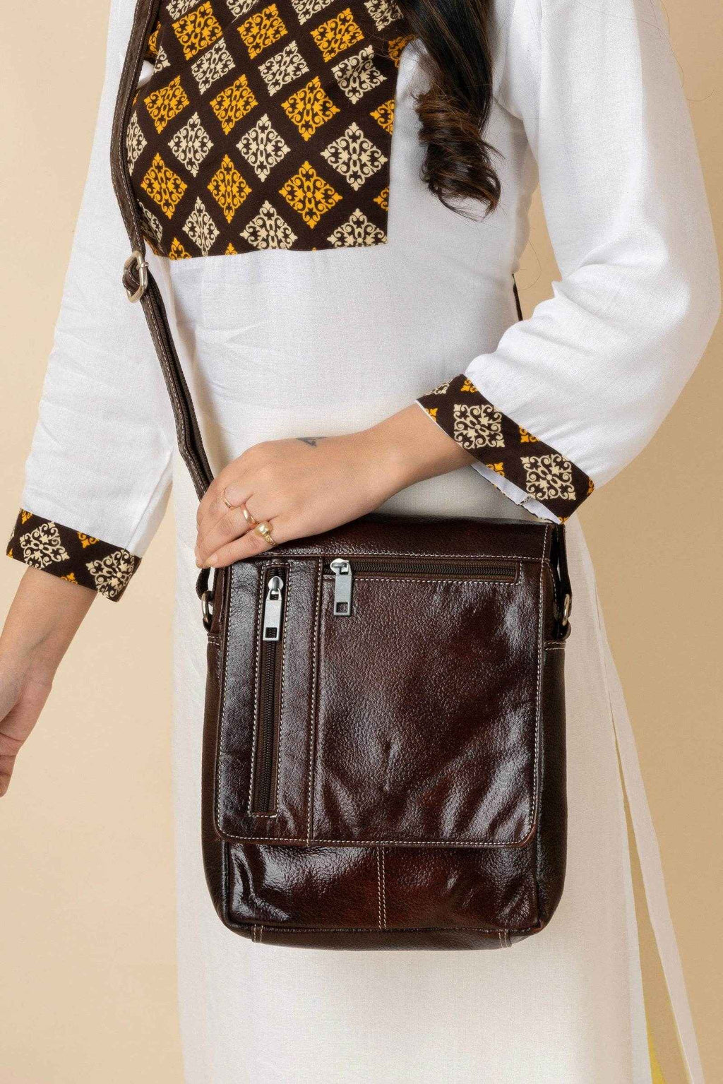 Genuine Leather Brown Crossbody Sling Messenger Bag With 4 Compartments - Ideal For Daily Essentials - Lookandadorn.com