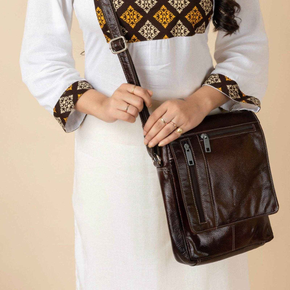 Genuine Leather Brown Crossbody Sling Messenger Bag With 4 Compartments - Ideal For Daily Essentials - Lookandadorn.com