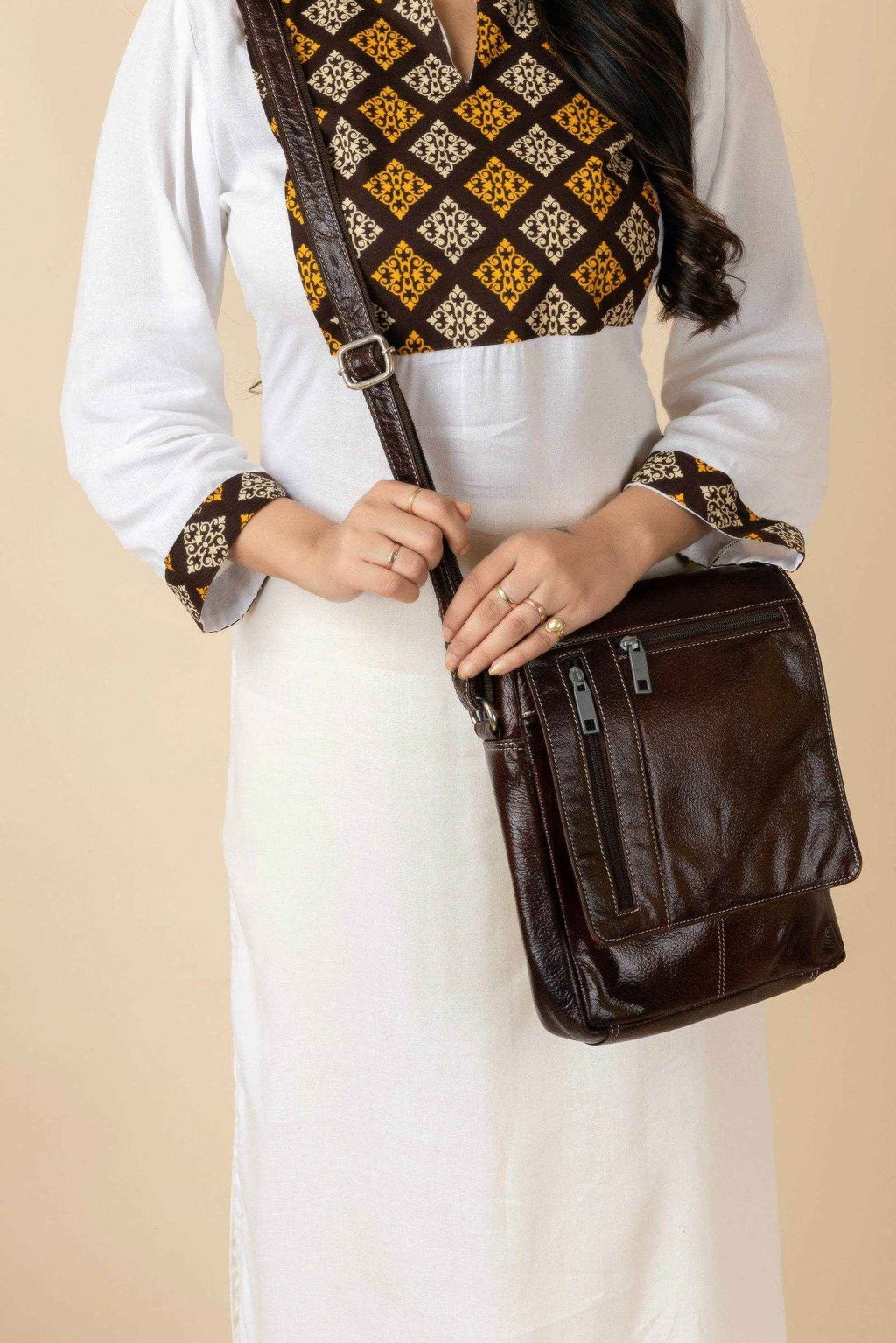 Genuine Leather Brown Crossbody Sling Messenger Bag With 4 Compartments - Ideal For Daily Essentials - Lookandadorn.com