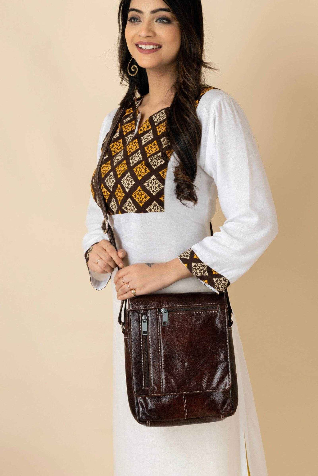 Genuine Leather Brown Crossbody Sling Messenger Bag With 4 Compartments - Ideal For Daily Essentials - Lookandadorn.com