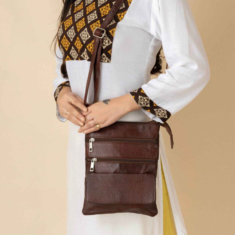 Genuine Leather Brown Crossbody Sling Messenger Bag with 4 Compartments for Daily Essentials - Lookandadorn.com