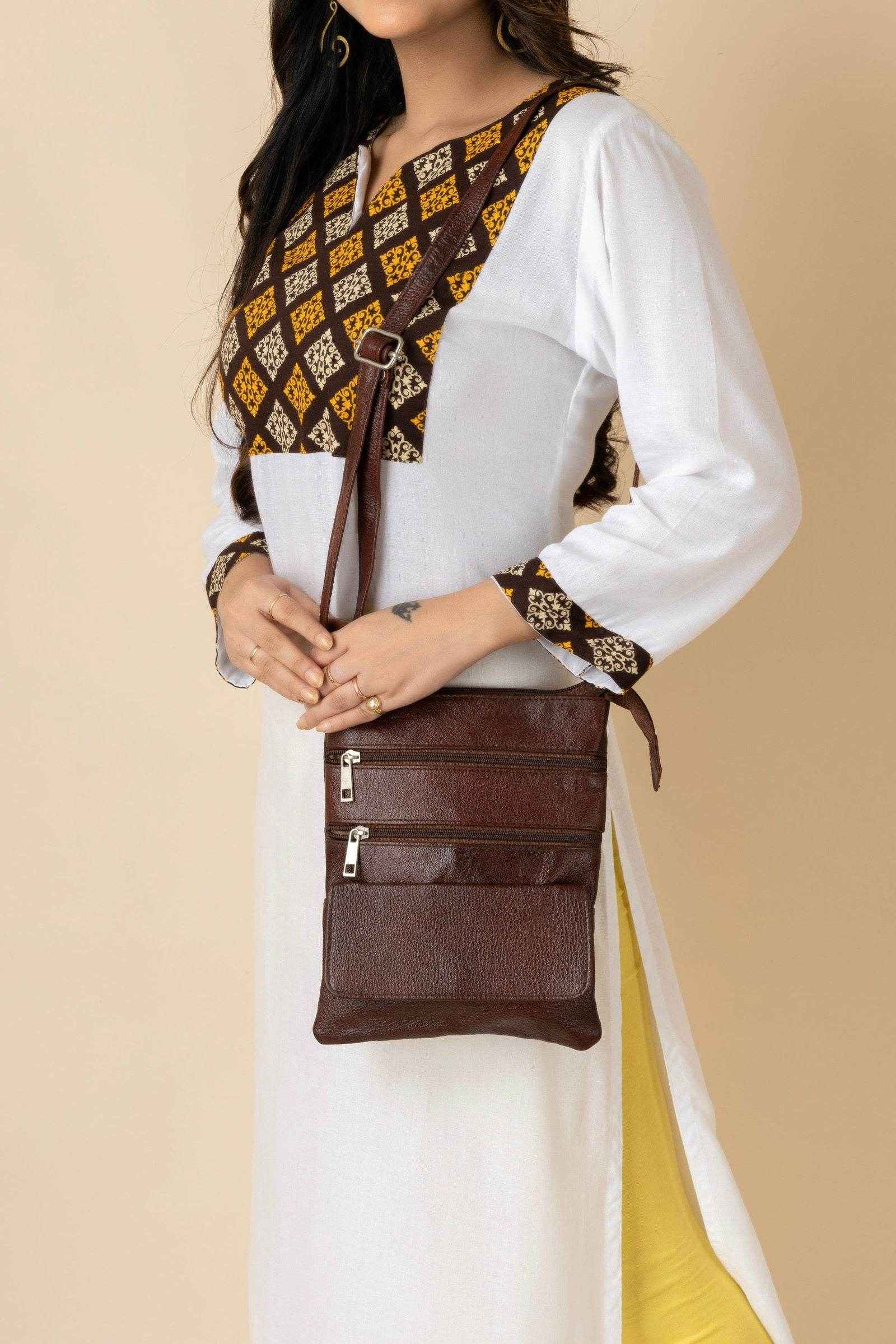 Genuine Leather Brown Crossbody Sling Messenger Bag with 4 Compartments for Daily Essentials - Lookandadorn.com