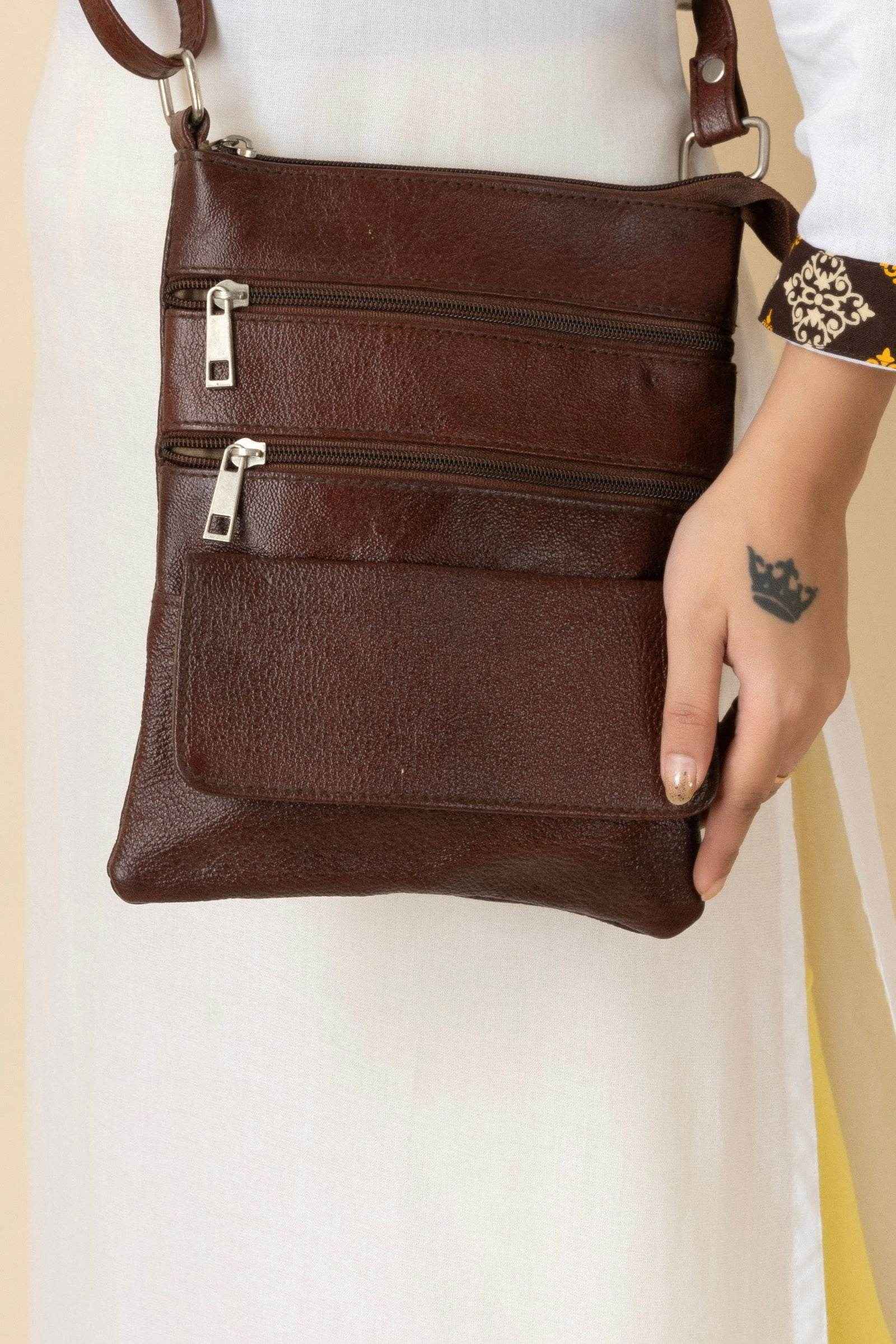 Genuine Leather Brown Crossbody Sling Messenger Bag with 4 Compartments for Daily Essentials - Lookandadorn.com