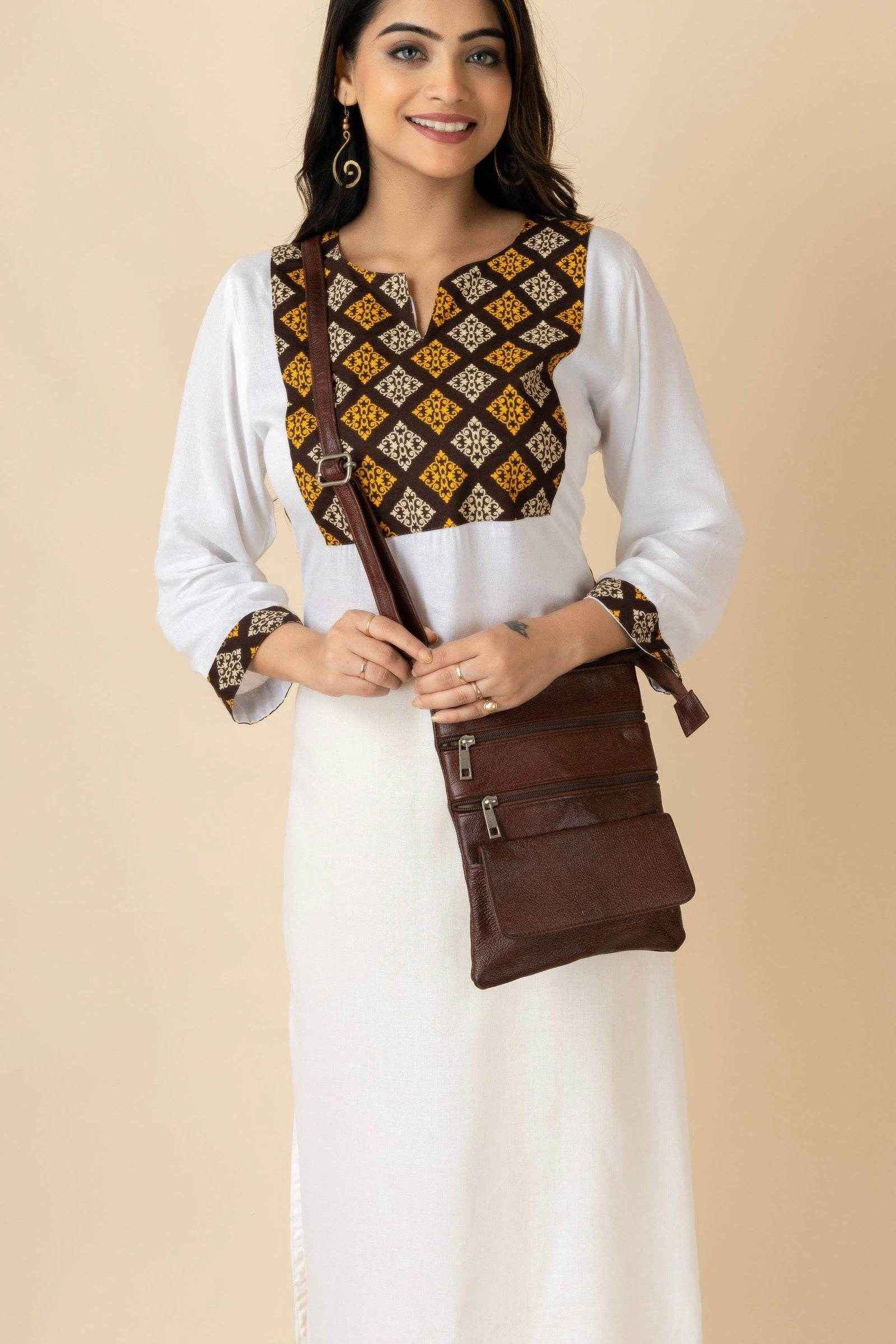 Genuine Leather Brown Crossbody Sling Messenger Bag with 4 Compartments for Daily Essentials - Lookandadorn.com