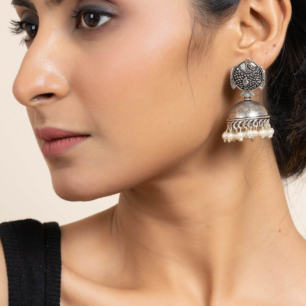 Handmade German Silver Fish Stud Jhumka Earrings with Faux Pearl & Oxidized Finish - Lookandadorn.com